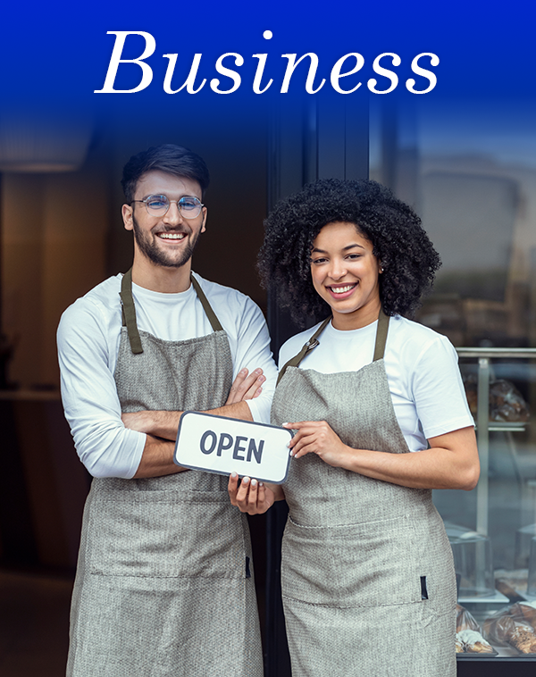 Open for Business for Website 2 Business Man and Woman in Apron with Open Sign