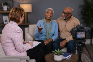 Happy older couple being interviewed and recorded