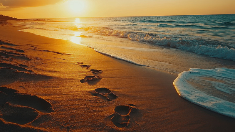 Footprints in sand on ocean beach at sunset. Marine coast landsc